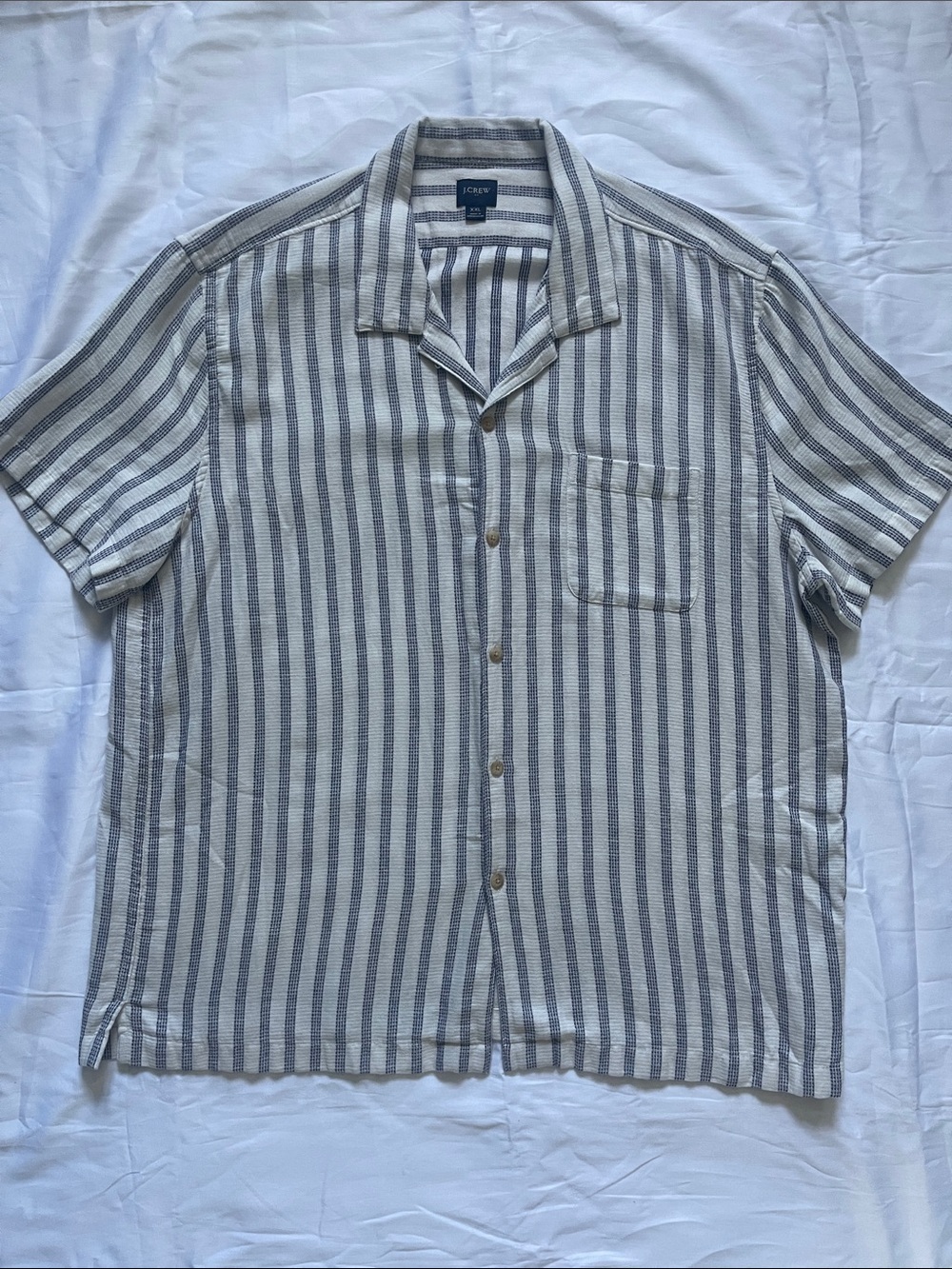 J. Crew Men's Short-Sleeve Vertical Stripe Camp Shirt in navy and cream